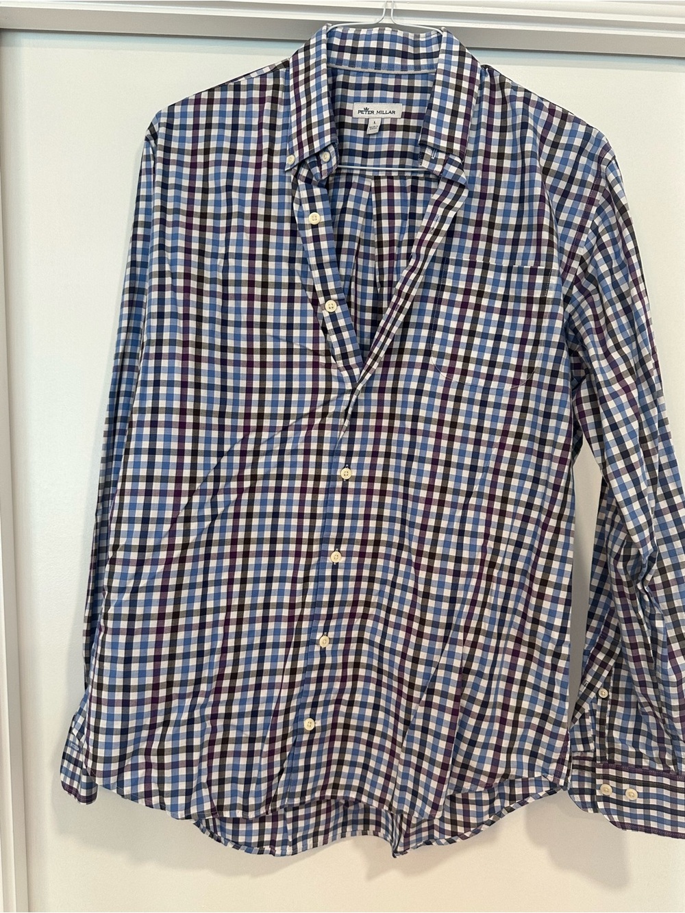 Peter Millar Navy and White Multi-Check Button-Down Shirt Large